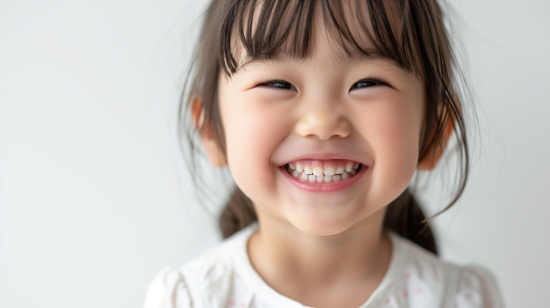 小児矯正で八重歯を治療した笑顔の子ども