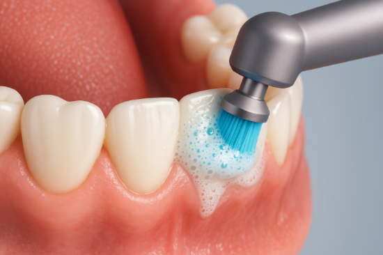 ホワイトニング後もプロのクリーニングを受けメンテナンスをする様子