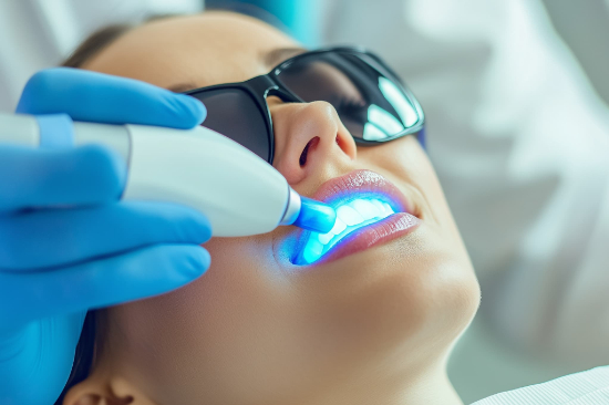 歯科医院でオフィスホワイトニングを受ける患者