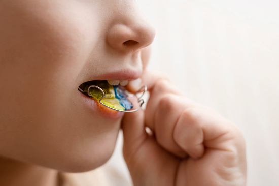 床矯正の装置を外そうとしている子ども