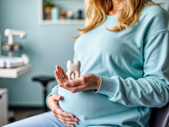 妊婦とセラミックの歯の模型