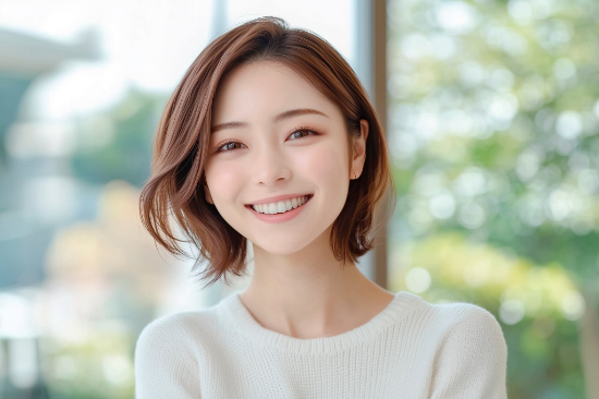 マウスピースで整った歯並びに満足して微笑む女性